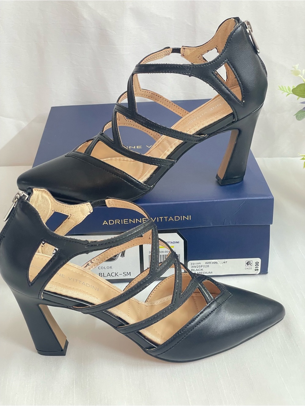 Adrienne Vittadini NALI Women’s Black Strappy Pointed-Toe Block Heels Size 8.5 M